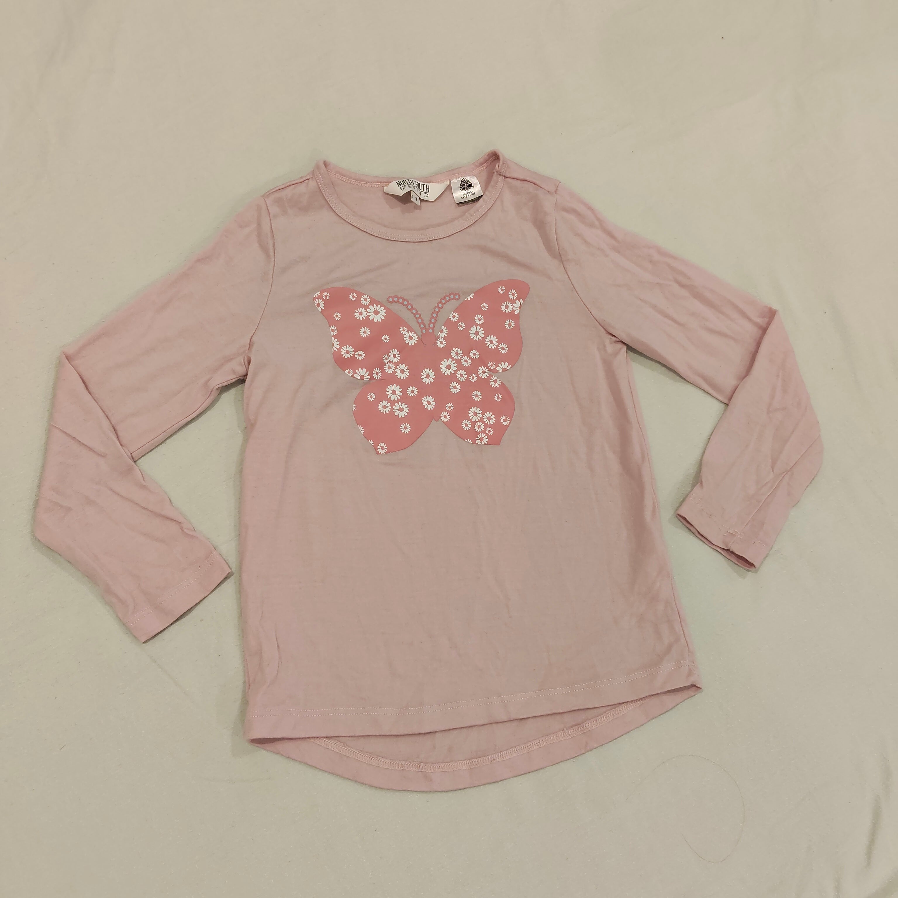 NORTH SOUTH Merino top size 7yrs girls pink butterfly long sleeve