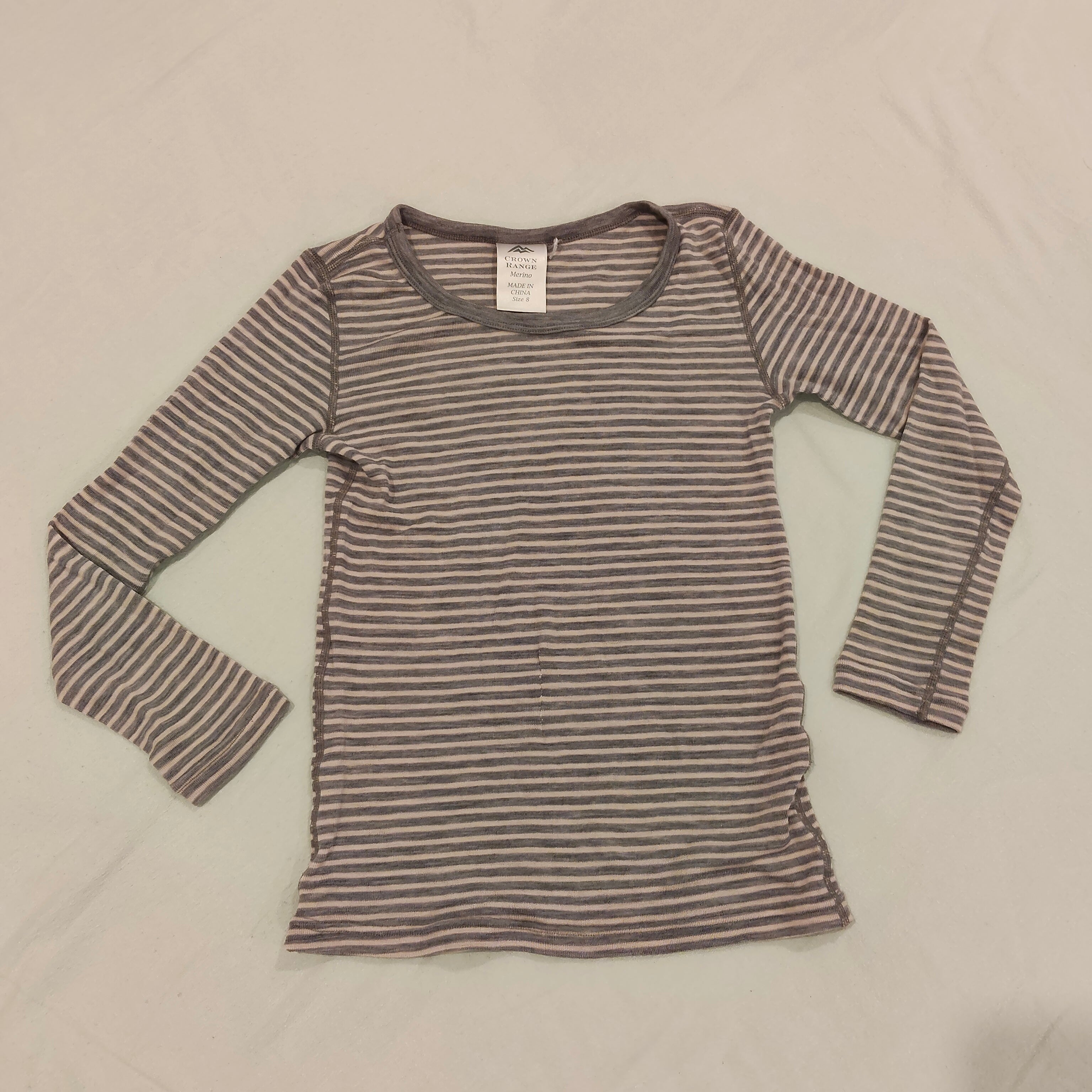 CROWN RANGE Merino top size 8yrs unisex kids grey stripes
