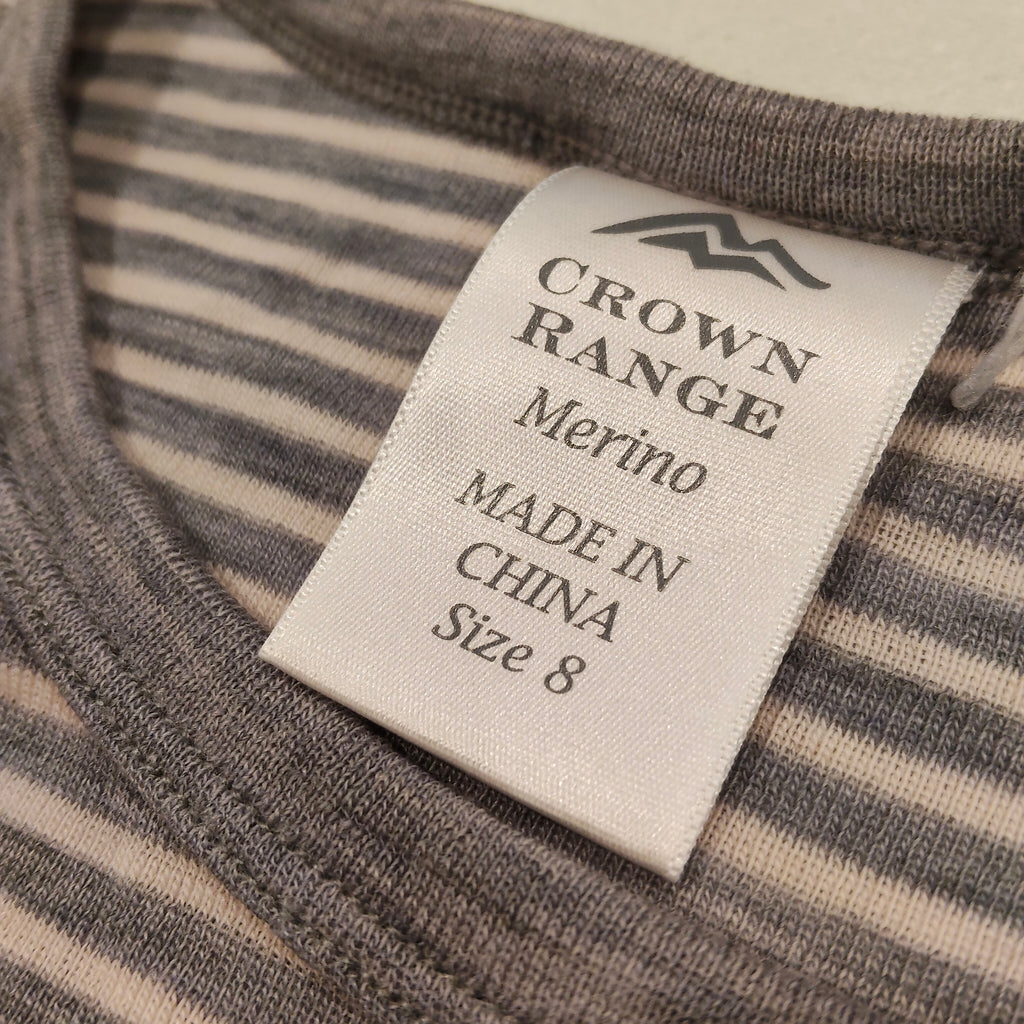 CROWN RANGE Merino top size 8yrs unisex kids grey stripes