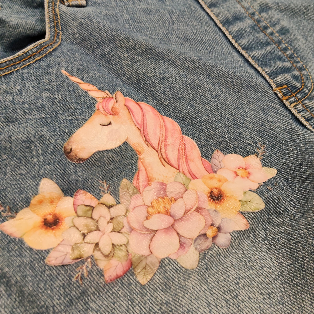 PUMPKIN PATCH denim overall size 7 girls floral unicorn