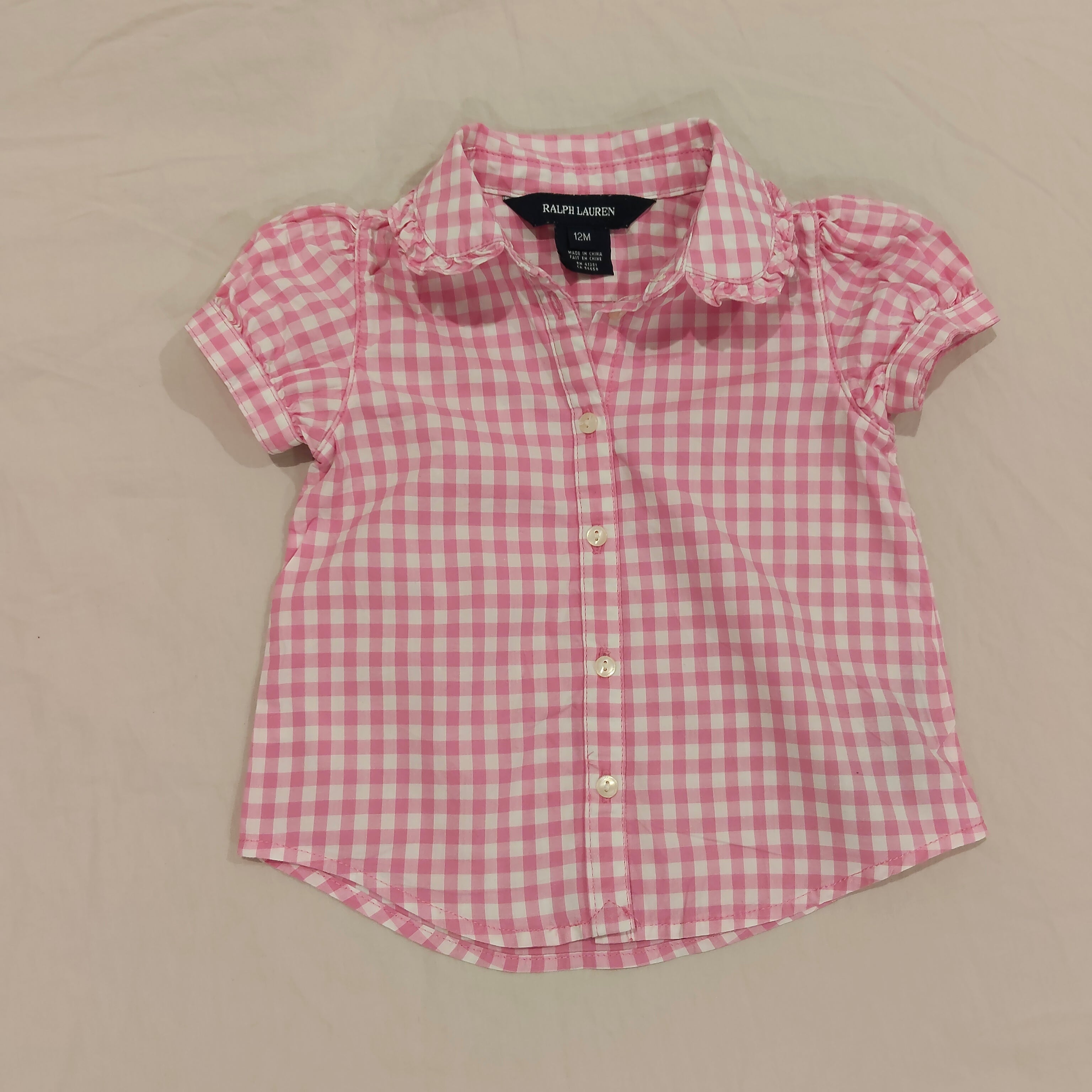 RALPH LAUREN top size 12m baby girls - Pink Gingham Ruffle Collar Short Sleeve Buttop