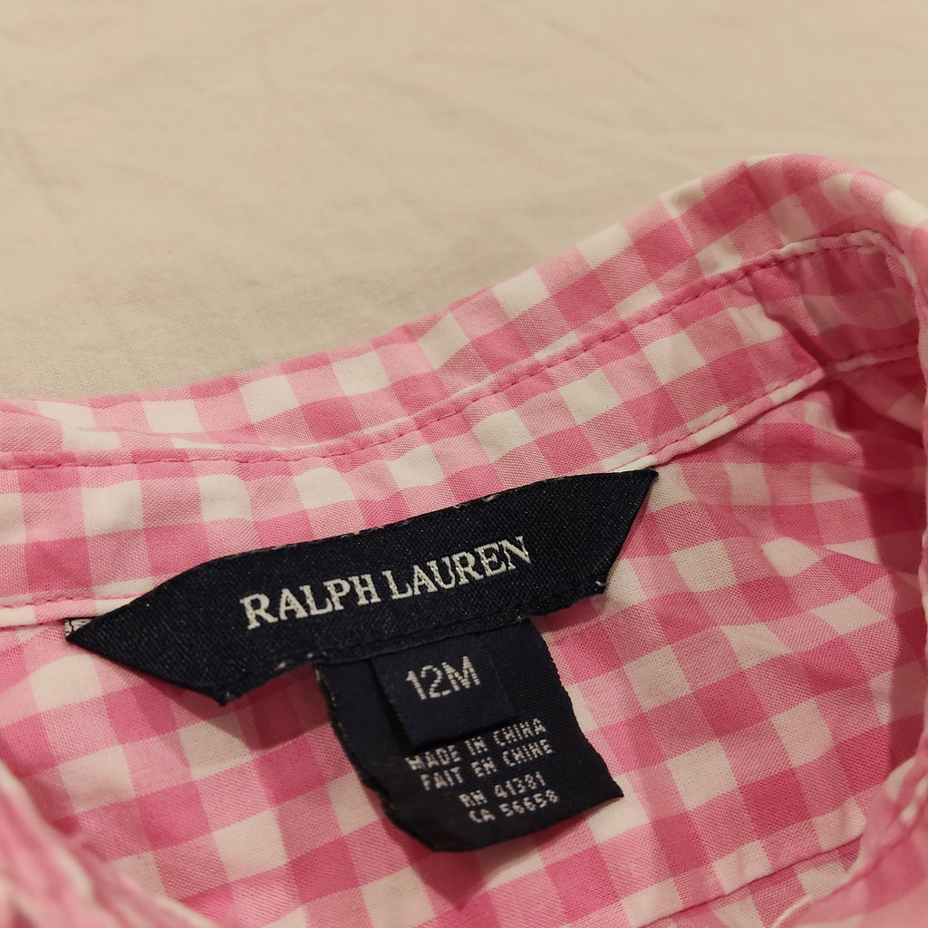 RALPH LAUREN top size 12m baby girls - Pink Gingham Ruffle Collar Short Sleeve Buttop