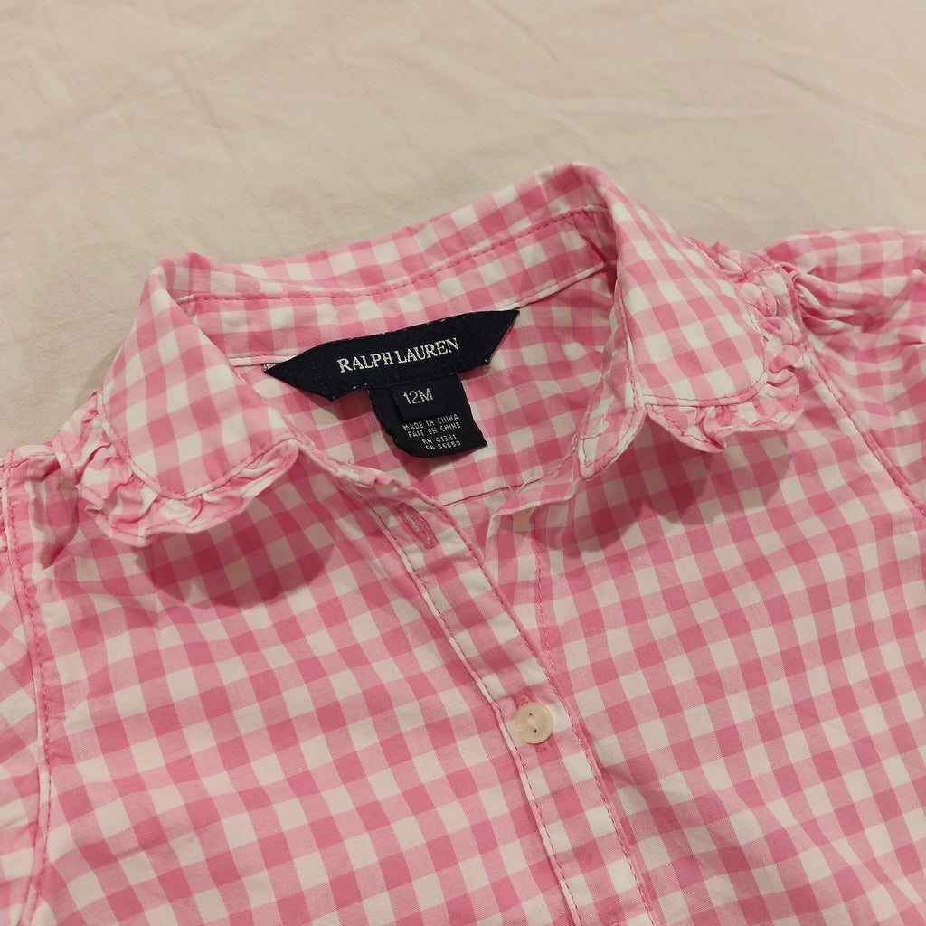 RALPH LAUREN top size 12m baby girls - Pink Gingham Ruffle Collar Short Sleeve Buttop