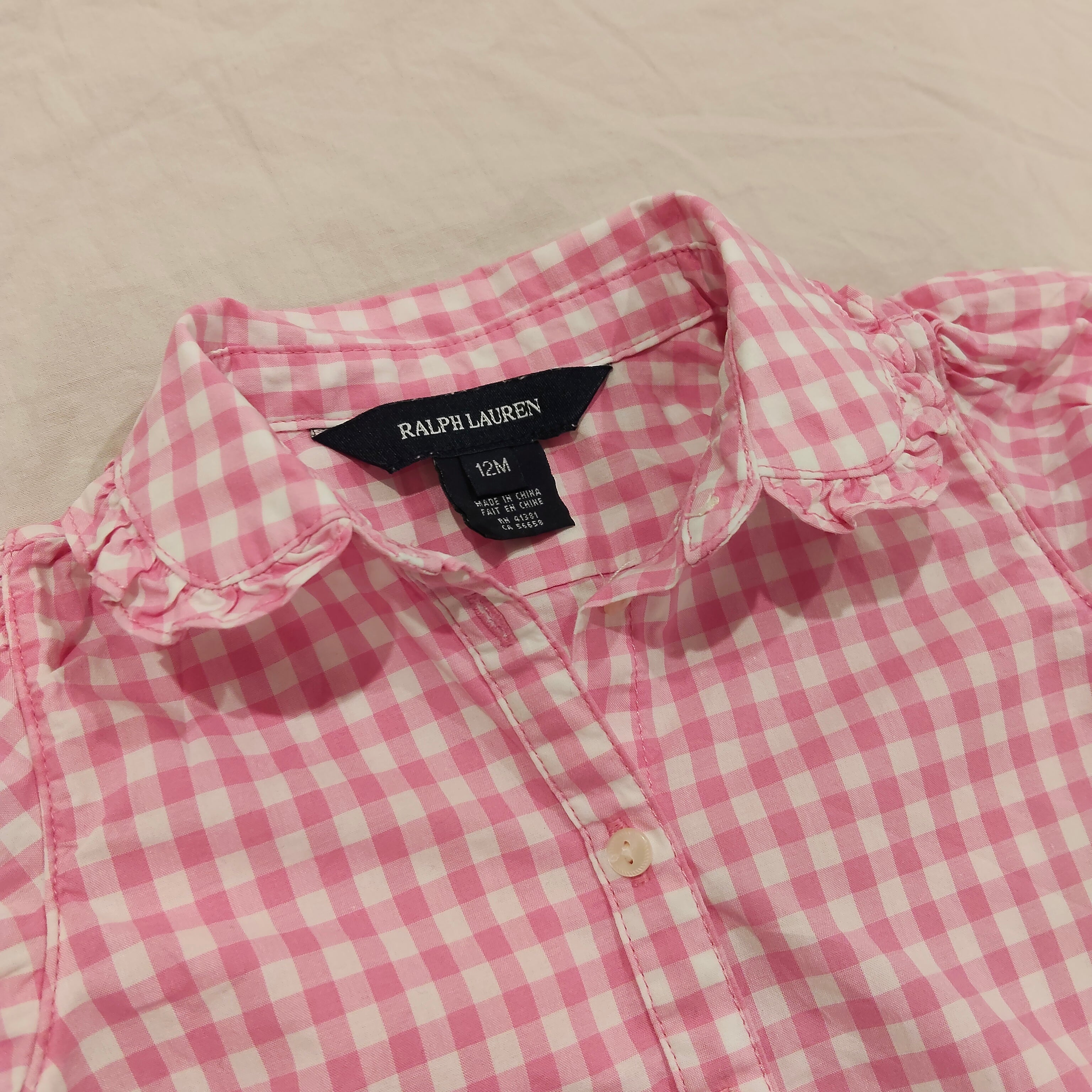 RALPH LAUREN top size 12m baby girls - Pink Gingham Ruffle Collar Short Sleeve Buttop