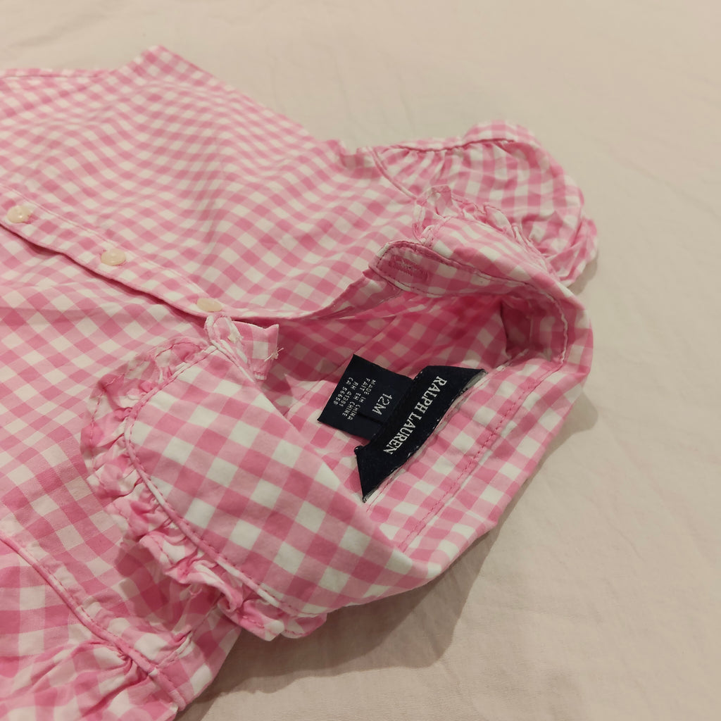 RALPH LAUREN top size 12m baby girls - Pink Gingham Ruffle Collar Short Sleeve Buttop