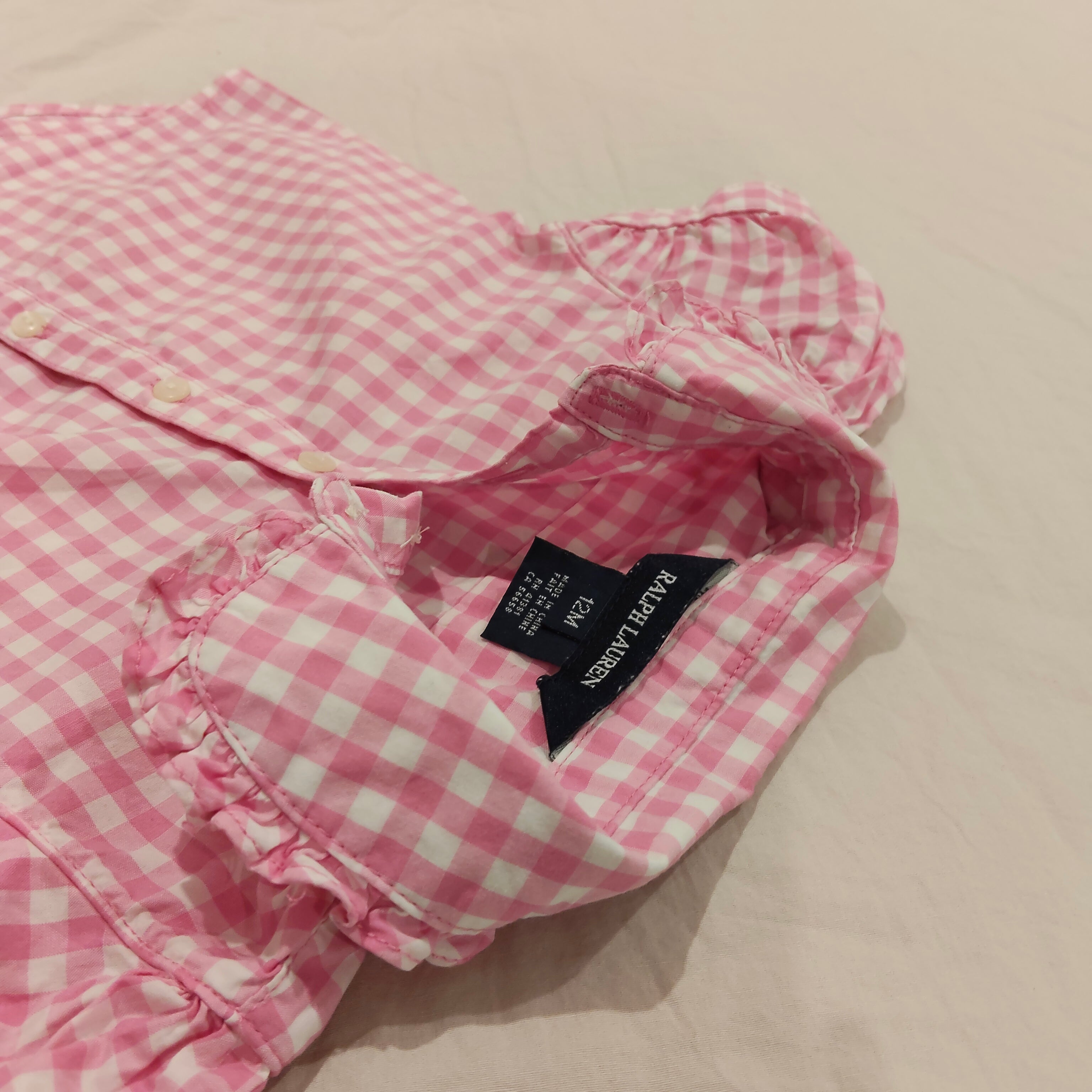 RALPH LAUREN top size 12m baby girls - Pink Gingham Ruffle Collar Short Sleeve Buttop