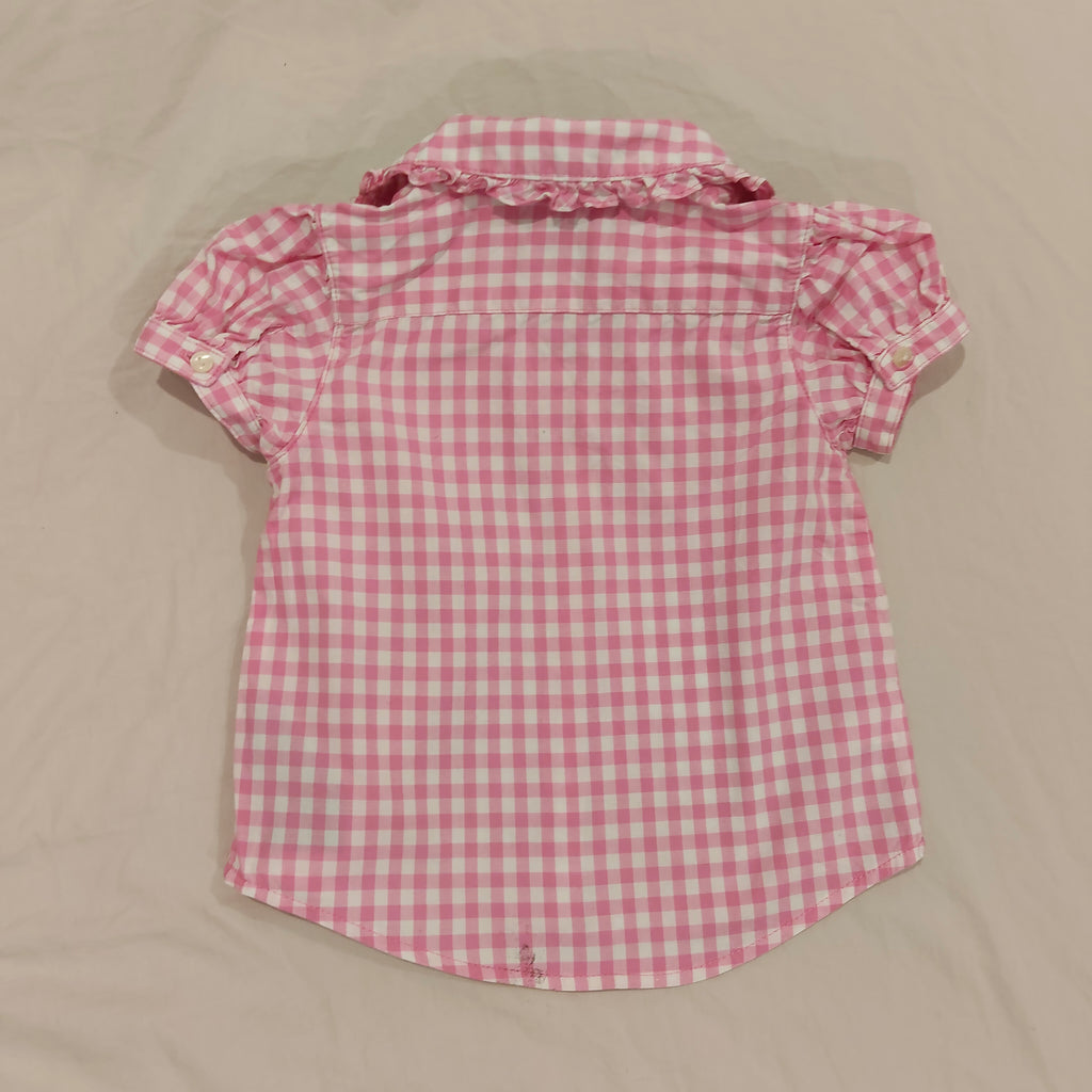 RALPH LAUREN top size 12m baby girls - Pink Gingham Ruffle Collar Short Sleeve Buttop