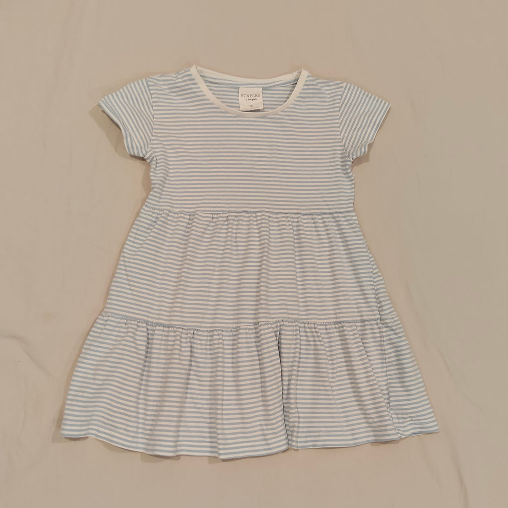 EVEGIRL size 10 Girls tiered dress blue and white stripes short sleeve