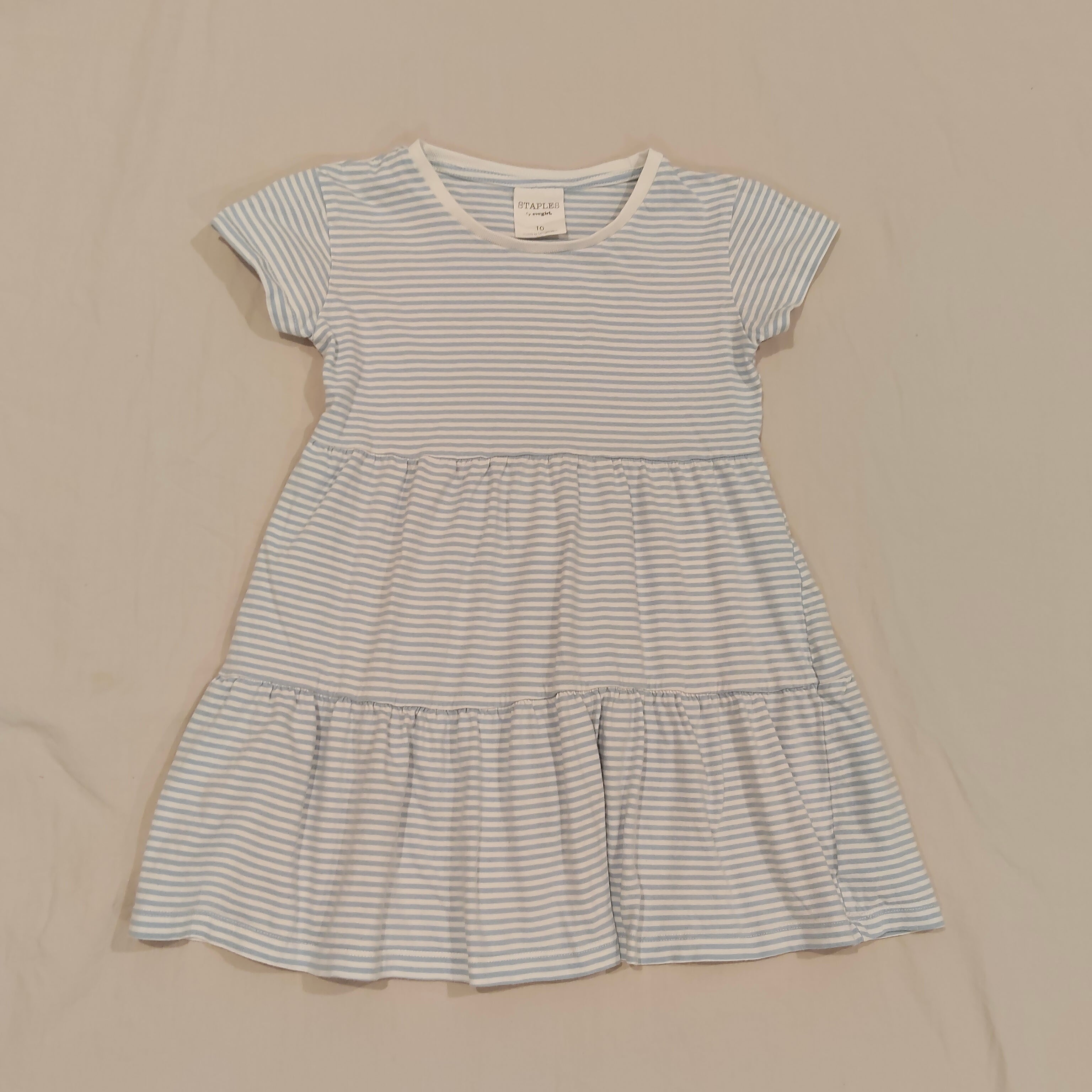 EVEGIRL size 10 Girls tiered dress blue and white stripes short sleeve