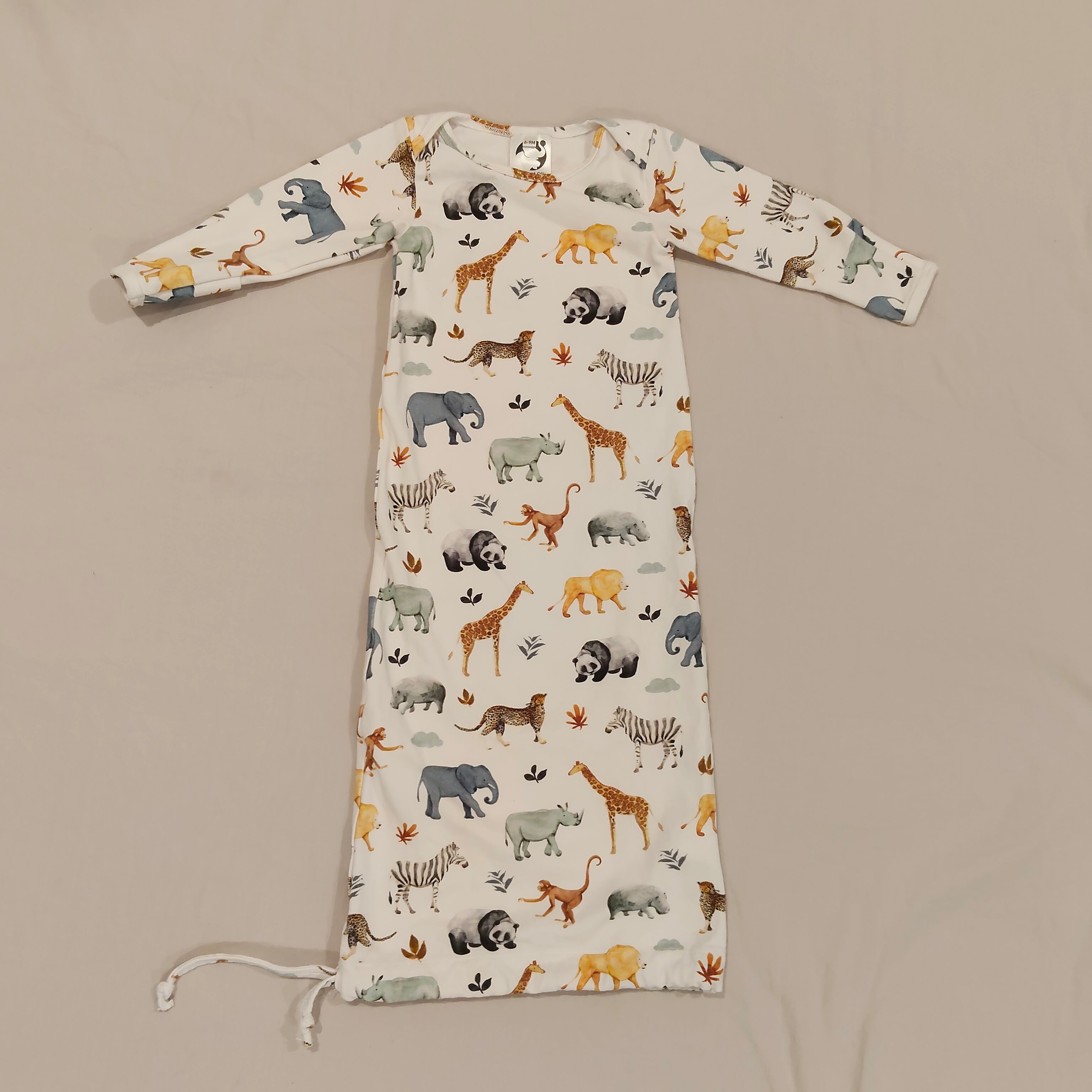 ELEPHANT OLLIE Sleep Gown size 6-9m baby Safari Print Made in NZ