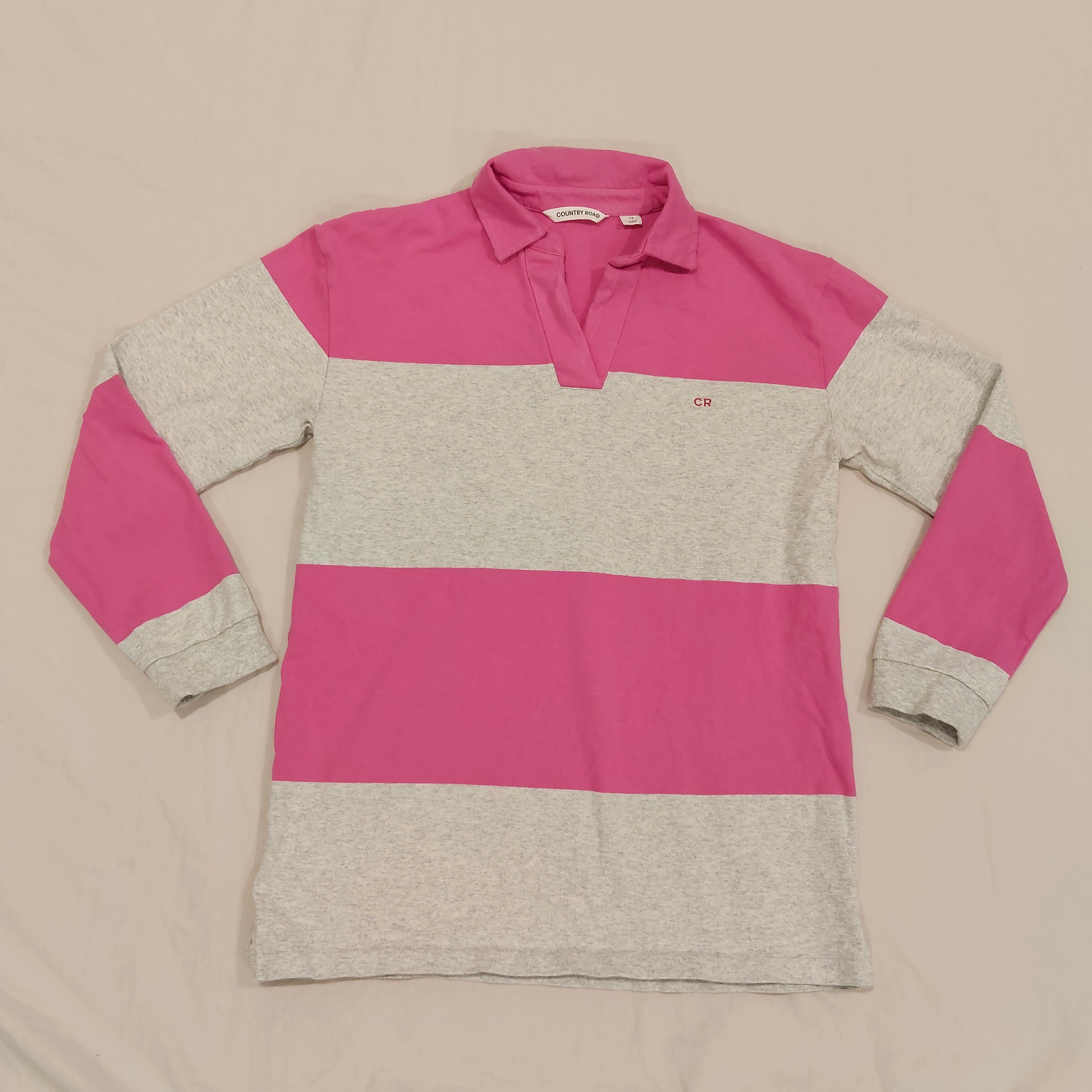 COUNTRY ROAD Polo Top size 12 Womens Pink Stripes Long Sleeve