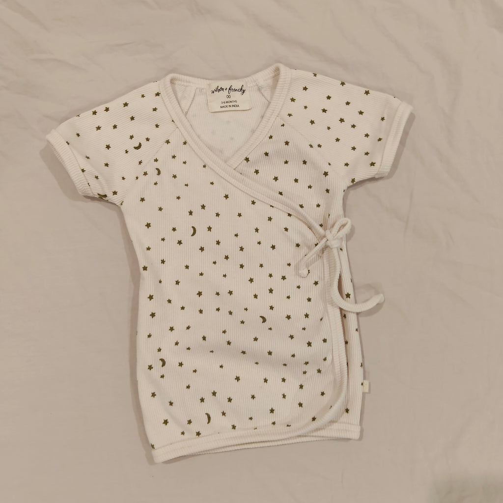 WILSON & FRENCHY Organic Rib Kimono Top Size 3-6M Baby "Chasing the Moon" print