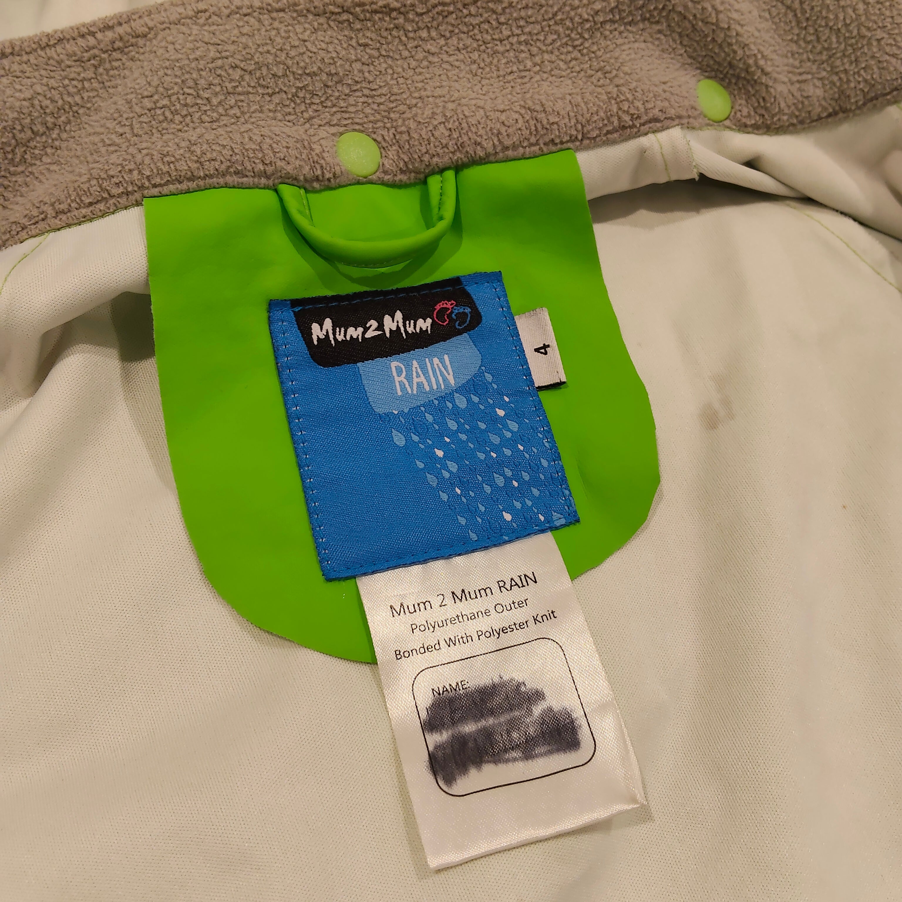 MUM 2 MUM rain jacket size 4 Line Green - Play Condition