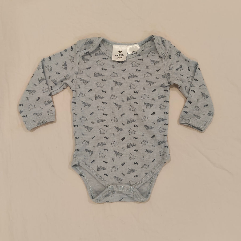 Young Original 100% MERINO size 9-12M Baby Bodysuit - Woodland Print