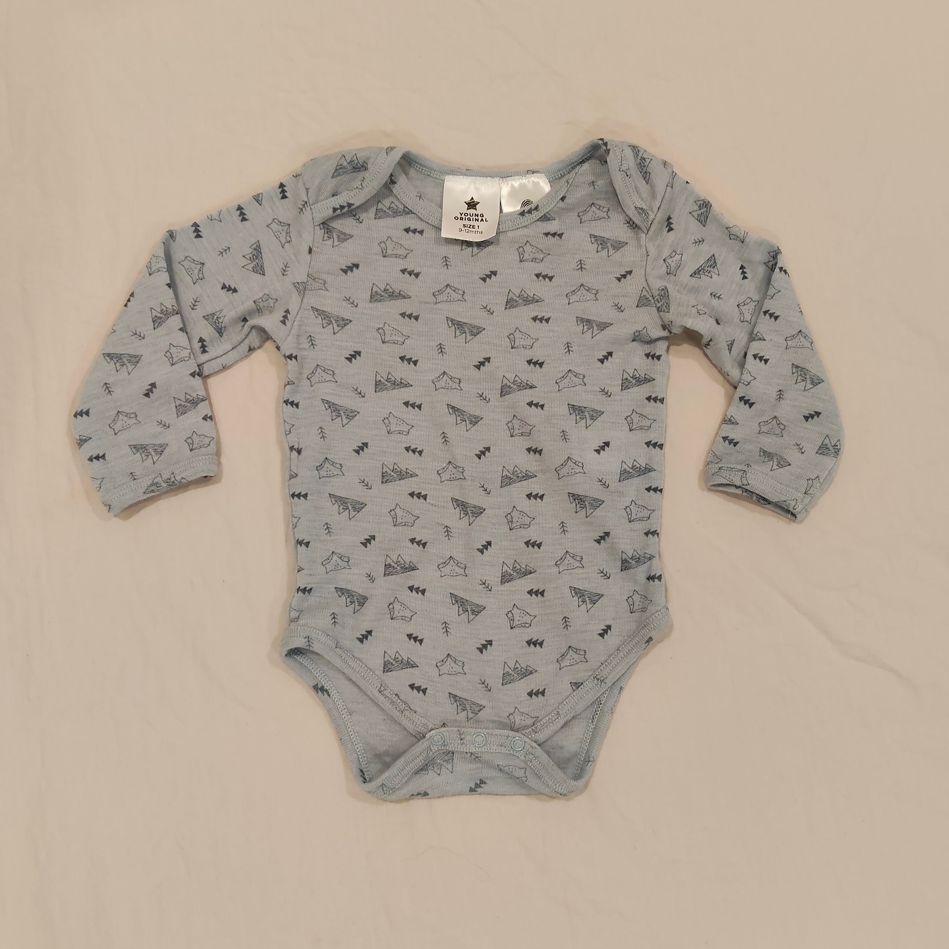 Young Original 100% MERINO size 9-12M Baby Bodysuit - Woodland Print
