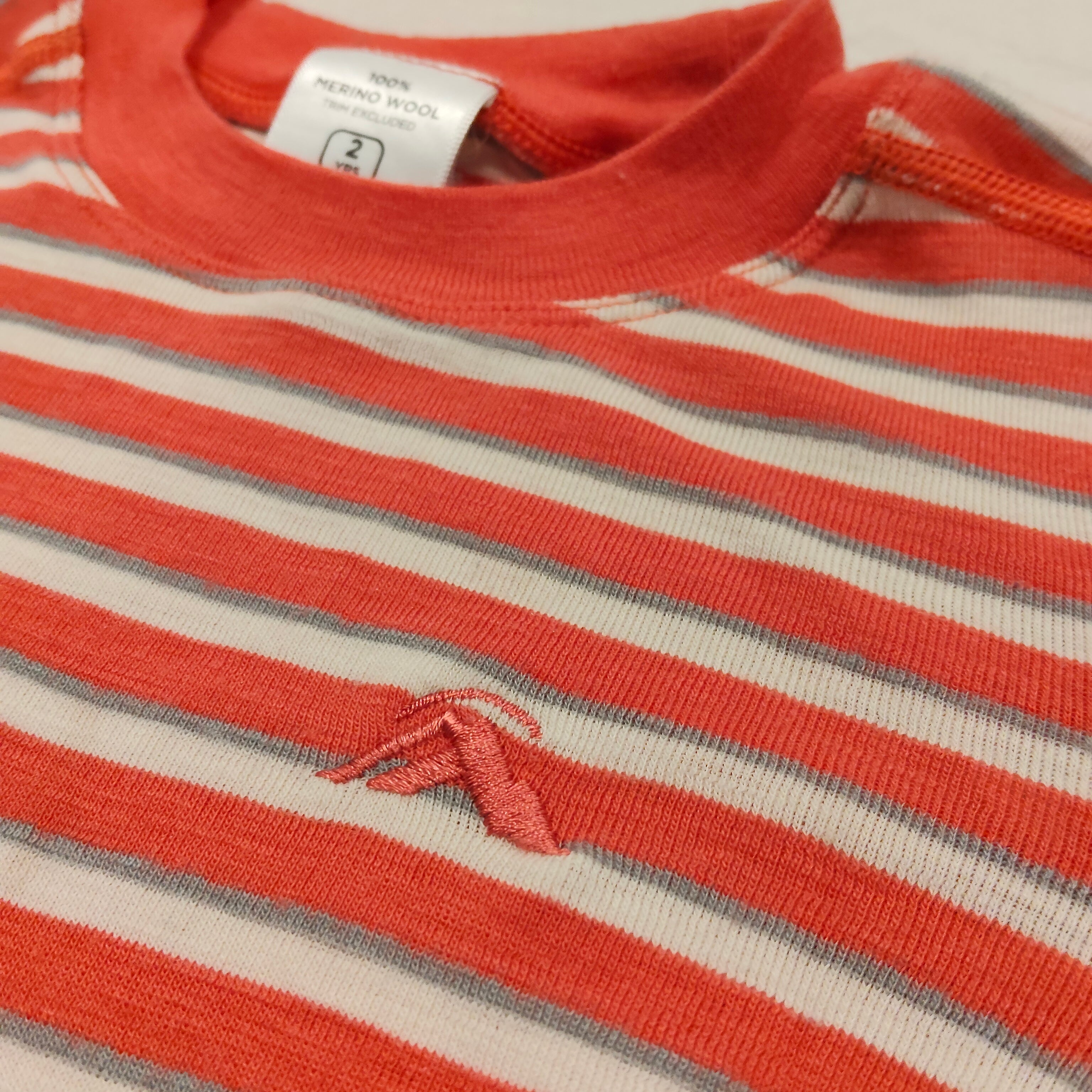 MACPAC 100% MERINO top size 2-3yrs long sleeve orange stripes