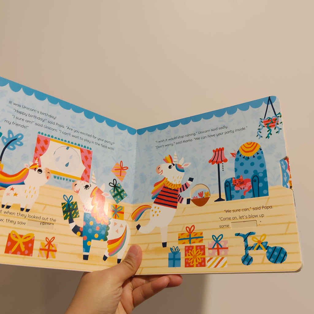 "Unicorn's Birthday: Turn the Wheels for Some Silly Fun!" written by Lucy Golden BOARDBOOK