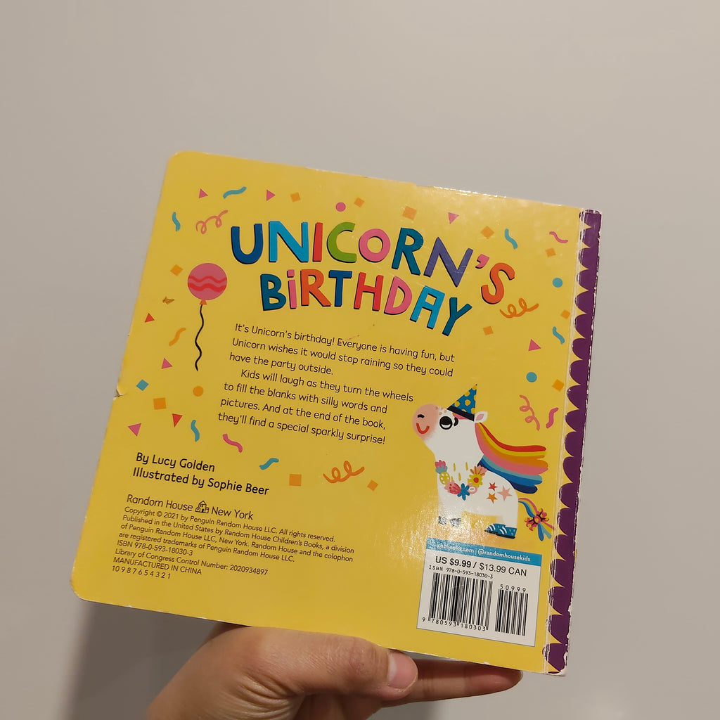 "Unicorn's Birthday: Turn the Wheels for Some Silly Fun!" written by Lucy Golden BOARDBOOK