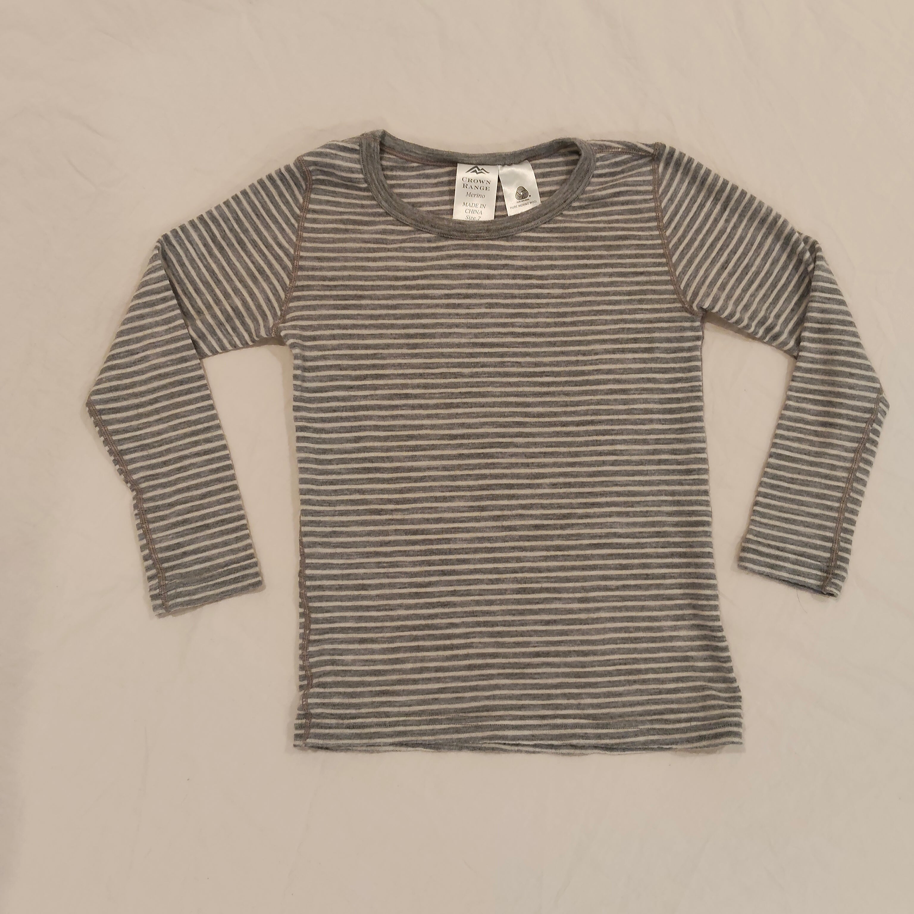 CROWN RANGE Merino Top Size 7 grey stripes long sleeve