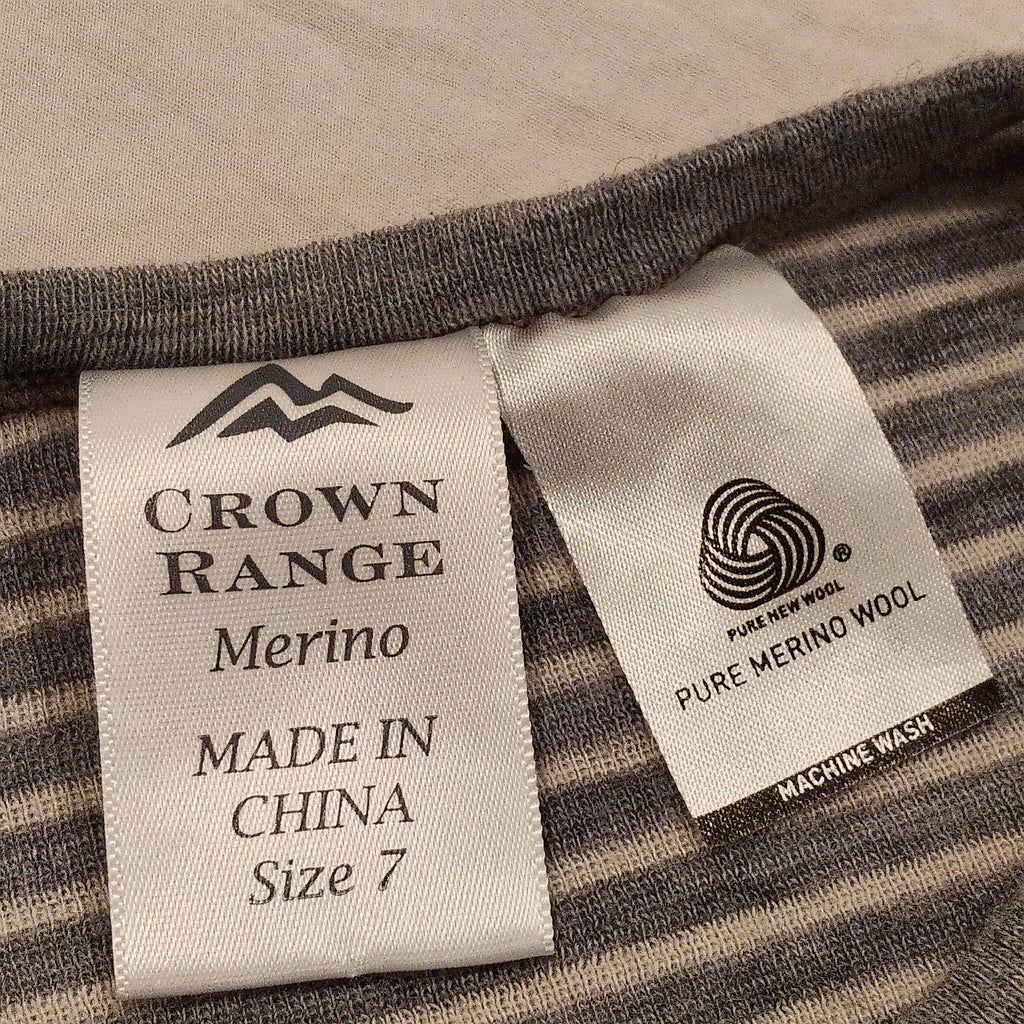 CROWN RANGE Merino Top Size 7 grey stripes long sleeve