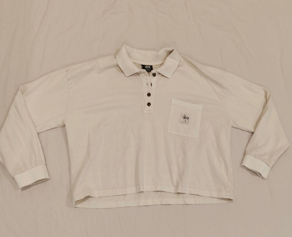 STUSSY cropped long sleeve polo top in cream Size 10 Women