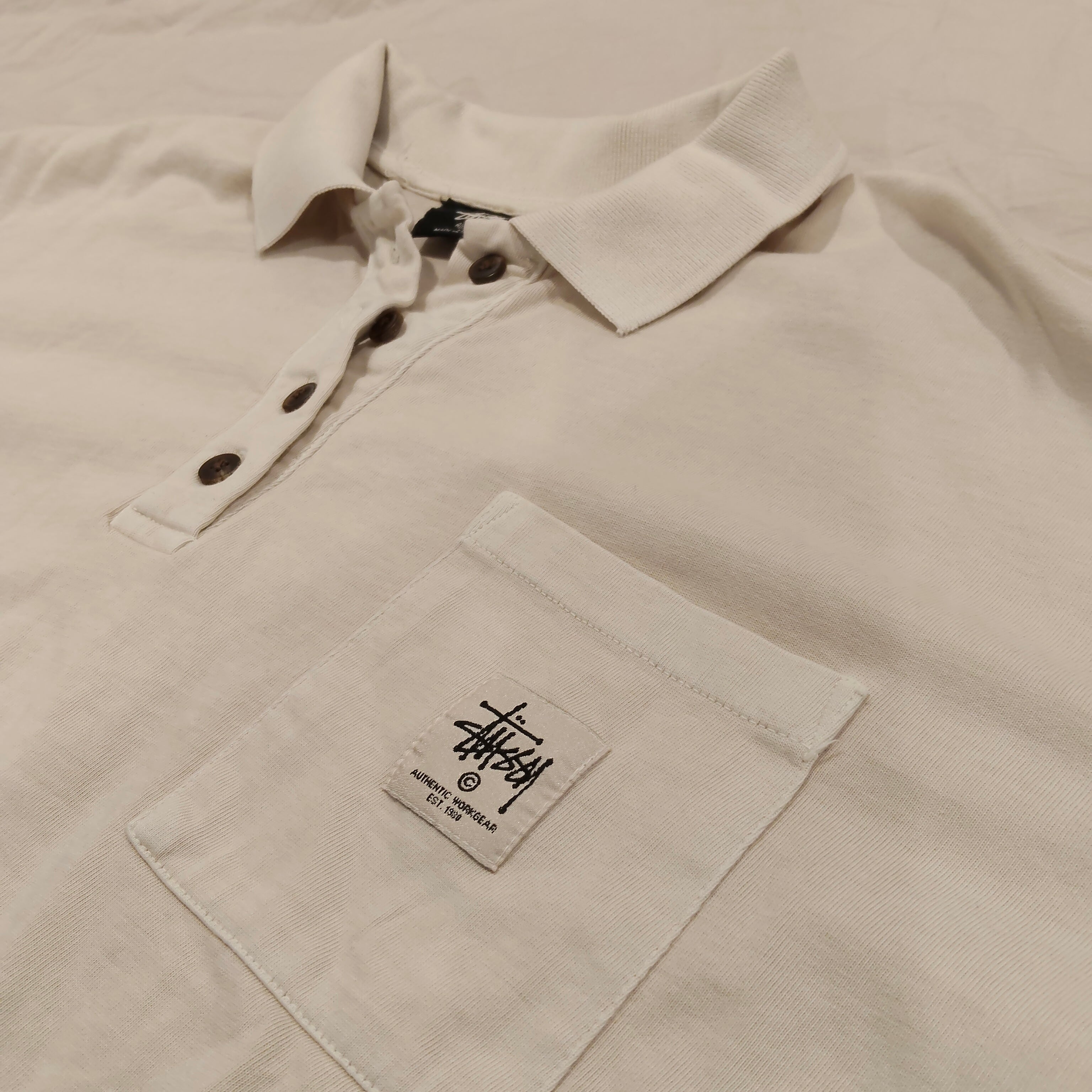 STUSSY cropped long sleeve polo top in cream Size 10 Women