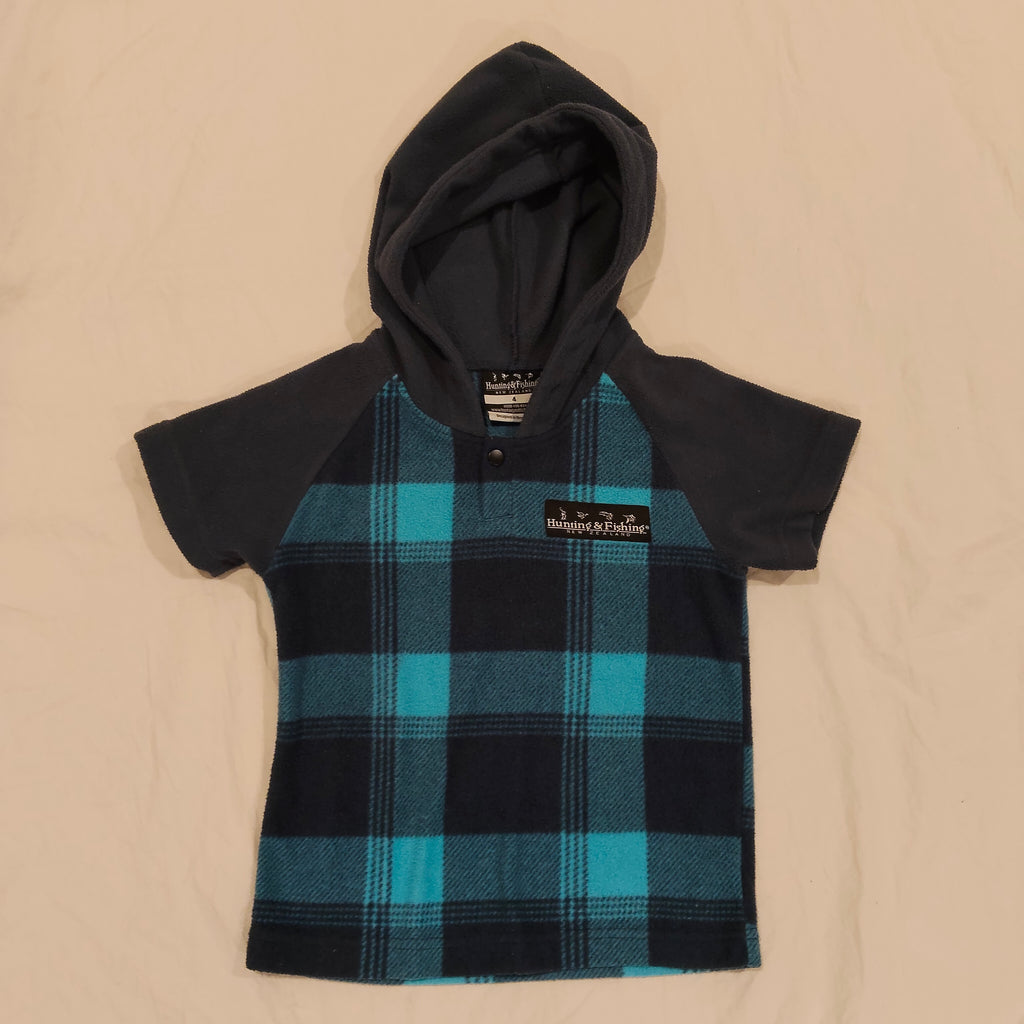 HUNTING & FISHING Hoodie Size 4 Boys Short Sleeve Blue Gingham