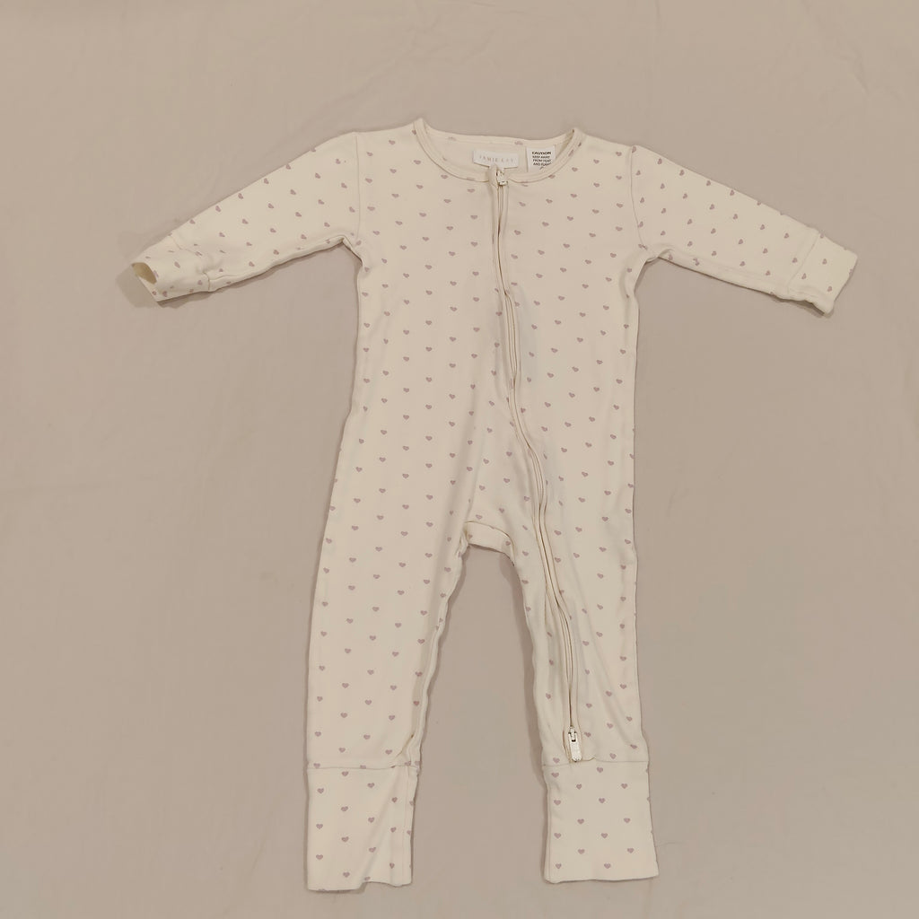 JAMIE KAY Organic Cotton Zip Onesuit Size 6-12M Baby Girls 'Lilac Hearts'