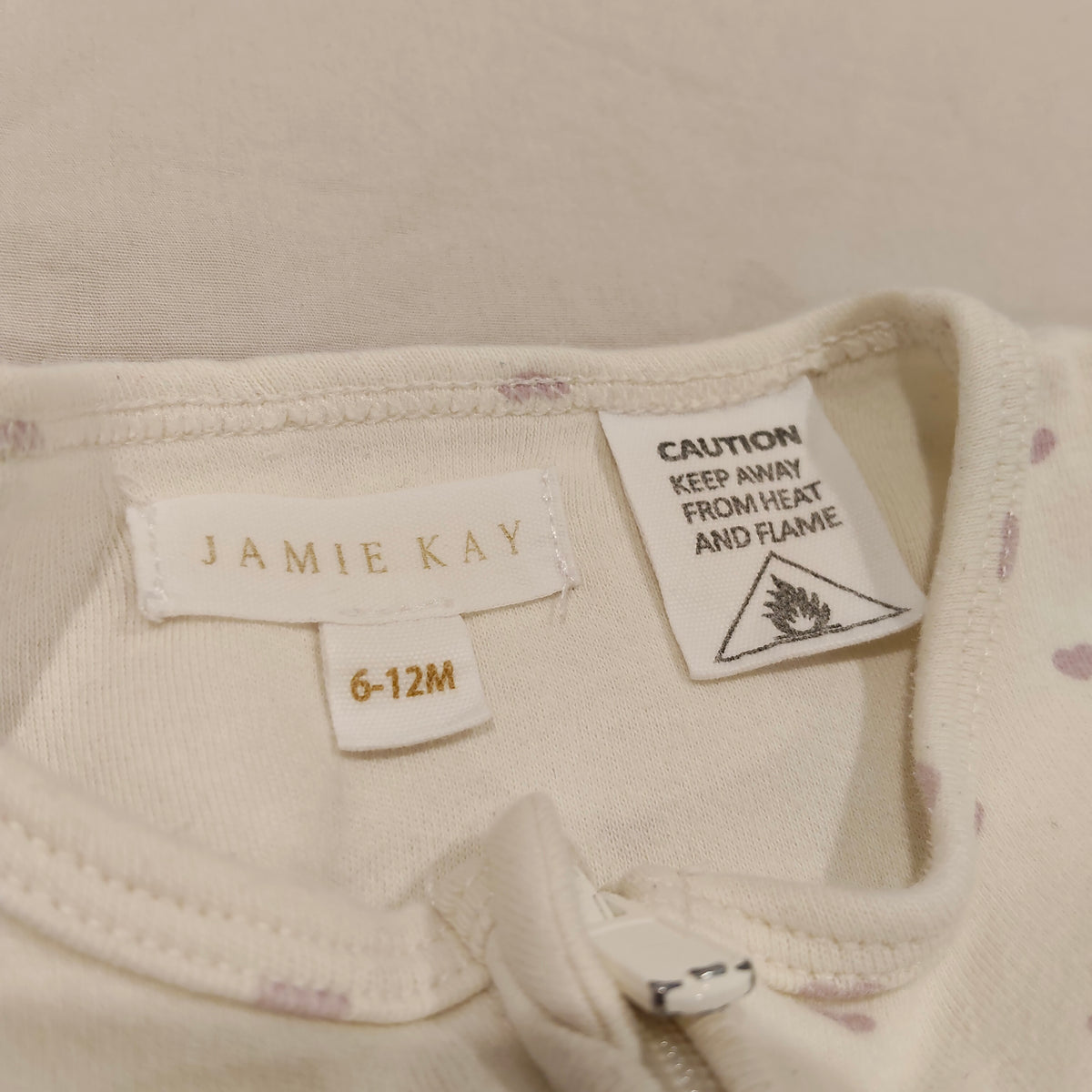 JAMIE KAY Organic Cotton Zip Onesuit Size 6-12M Baby Girls 'Lilac Hearts'
