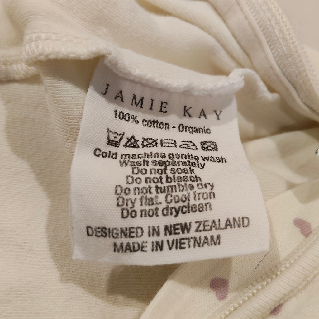 JAMIE KAY Organic Cotton Zip Onesuit Size 6-12M Baby Girls 'Lilac Hearts'