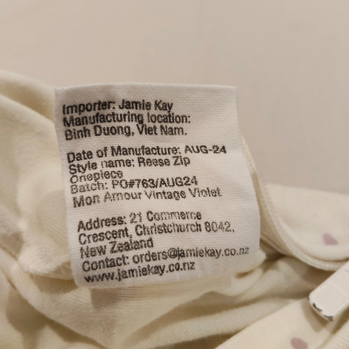 JAMIE KAY Organic Cotton Zip Onesuit Size 6-12M Baby Girls 'Lilac Hearts'