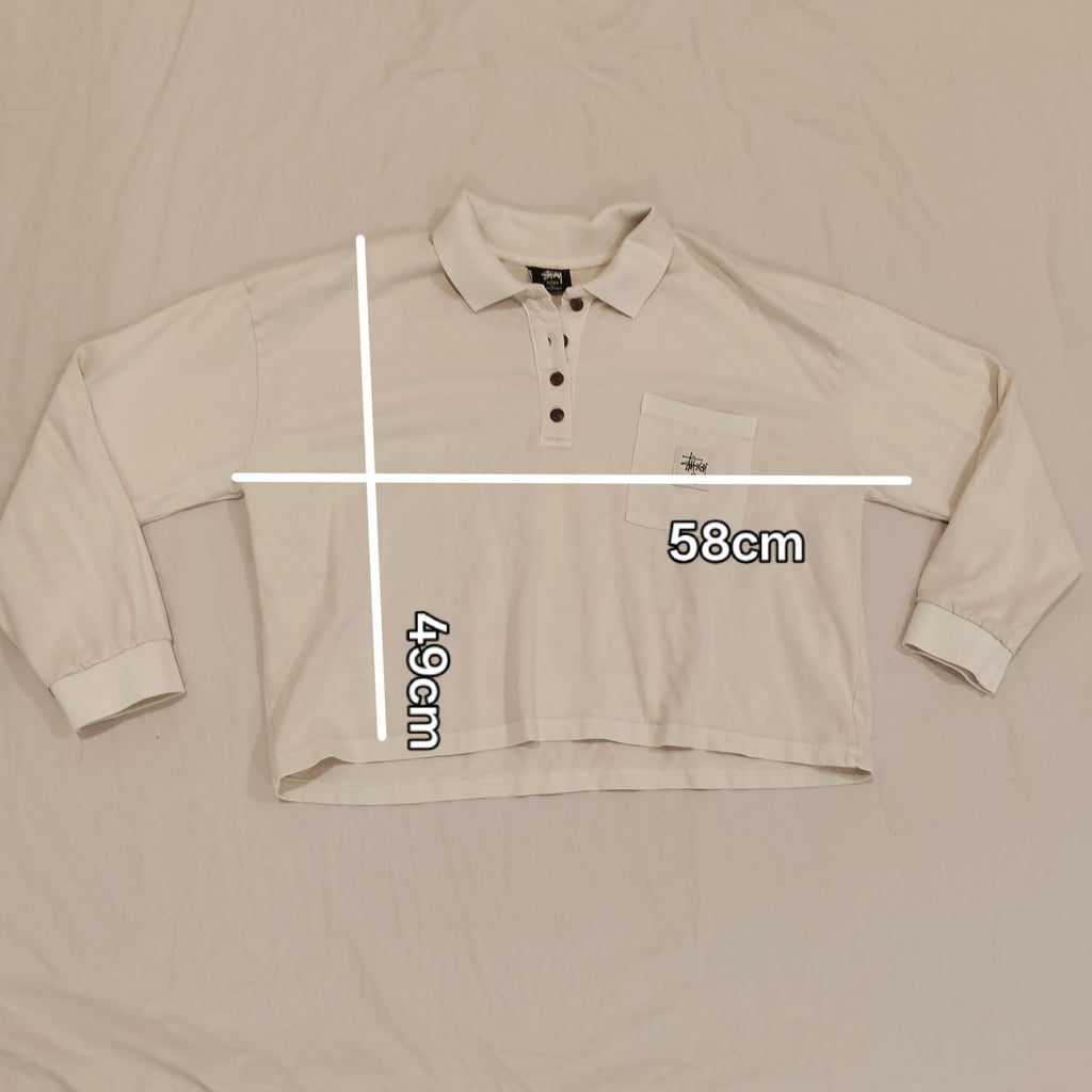 STUSSY cropped long sleeve polo top in cream Size 10 Women