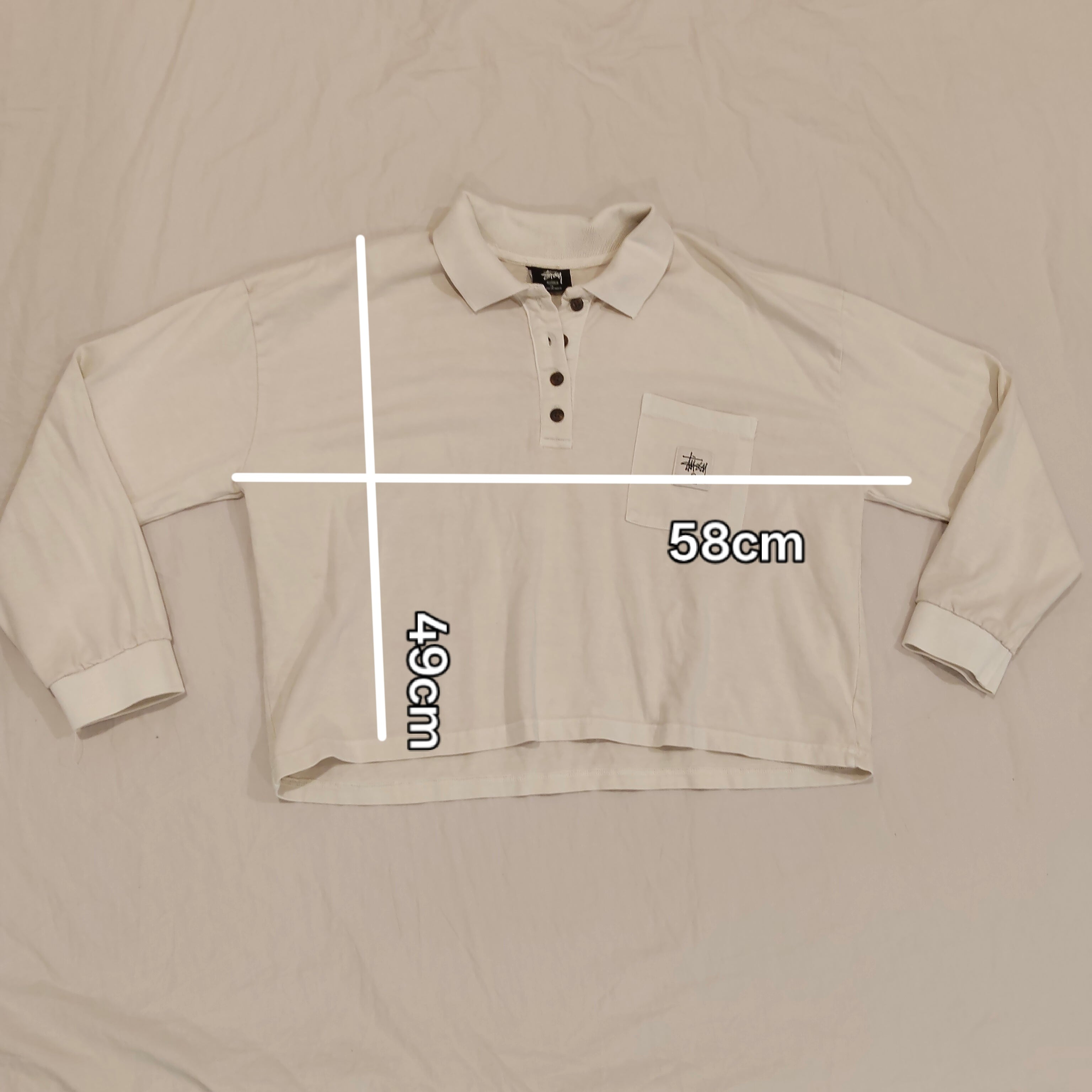 STUSSY cropped long sleeve polo top in cream Size 10 Women