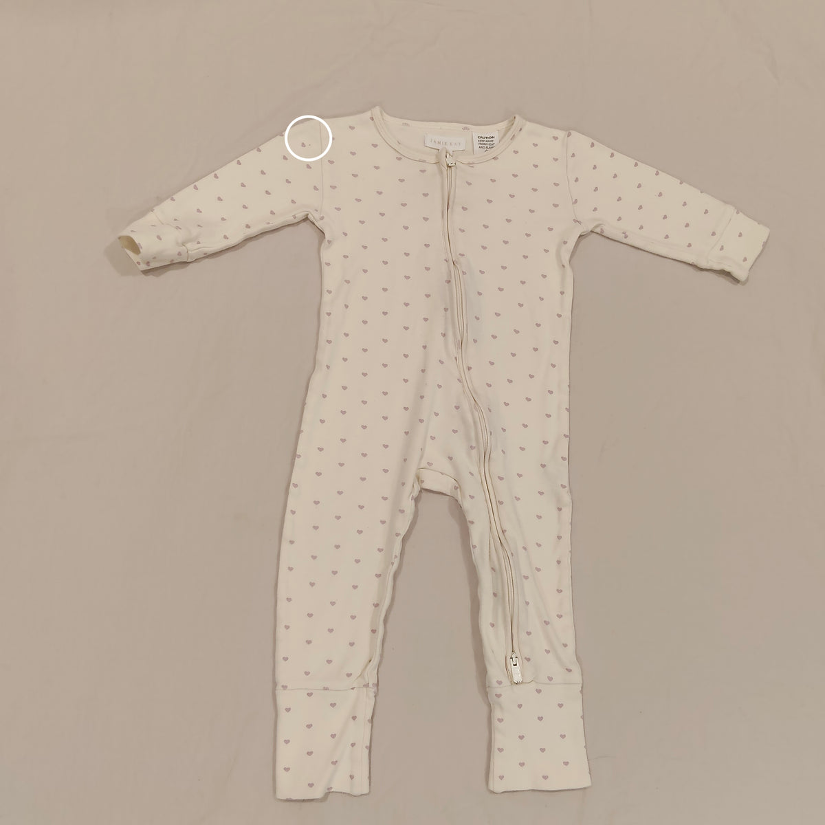 JAMIE KAY Organic Cotton Zip Onesuit Size 6-12M Baby Girls 'Lilac Hearts'