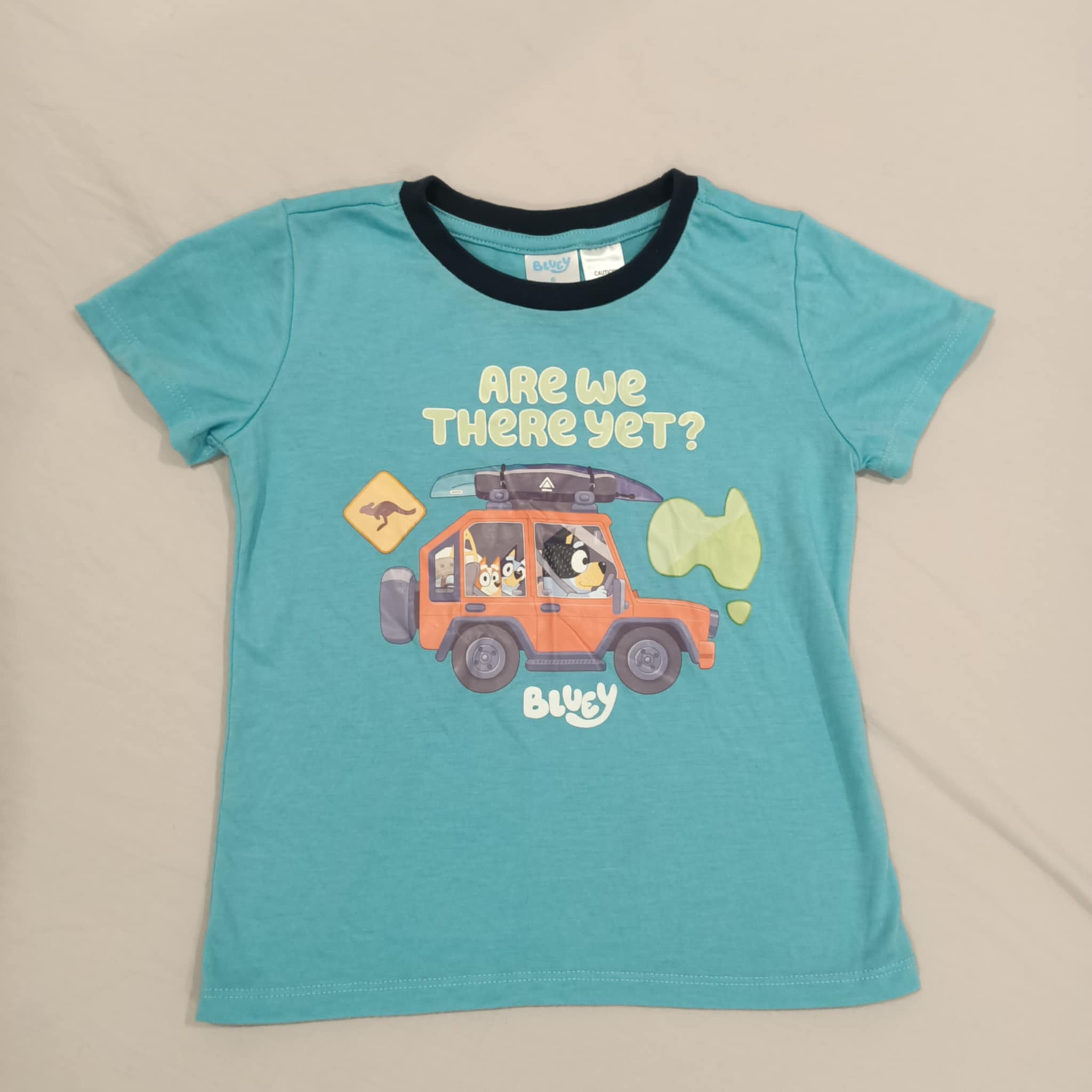 BLUEY tee size 6 boys short sleeve "Are we there yet"